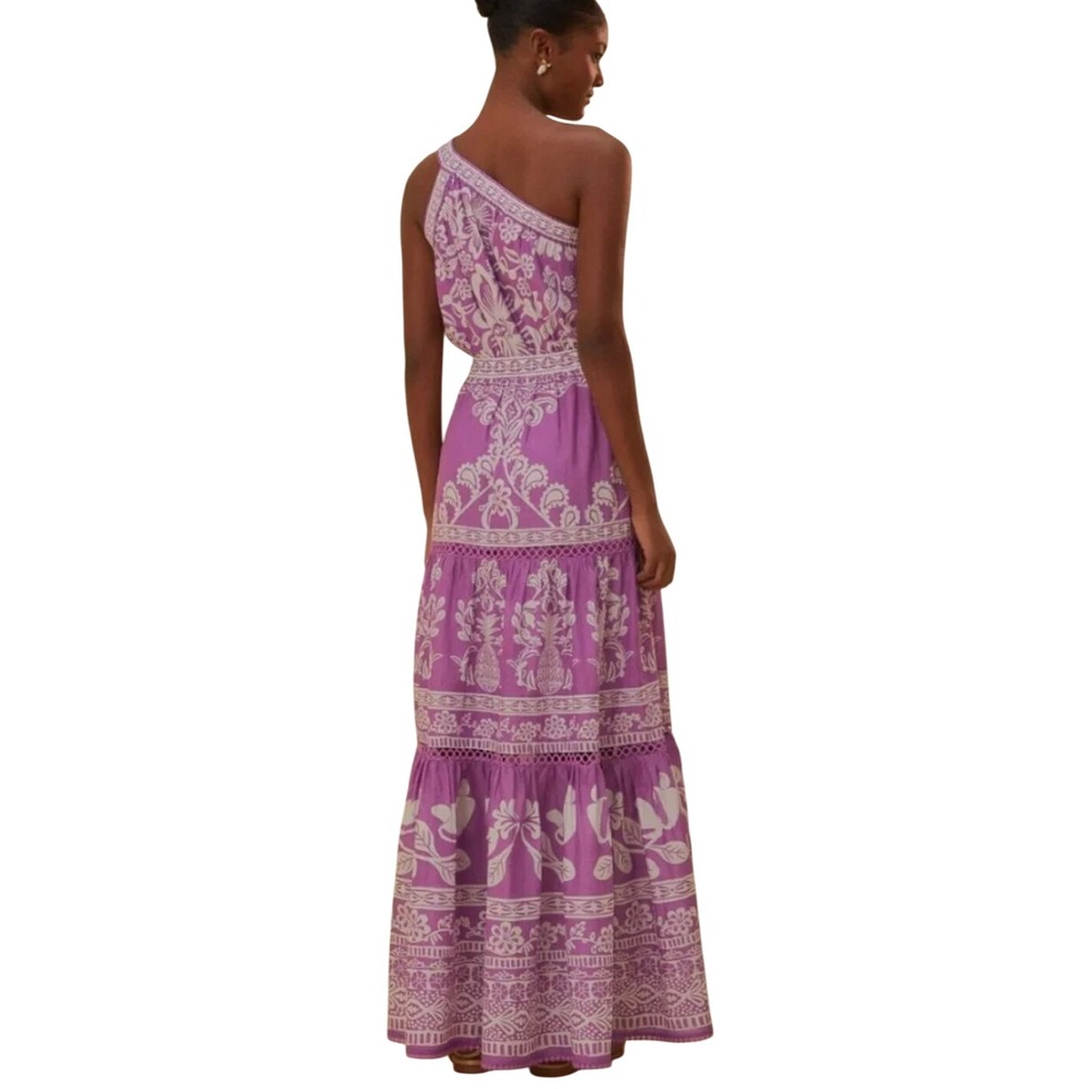 Farm Rio Purple White Tapestry One Shoulder Tiered Maxi Dress L Boho EUC - Picture 3 of 8